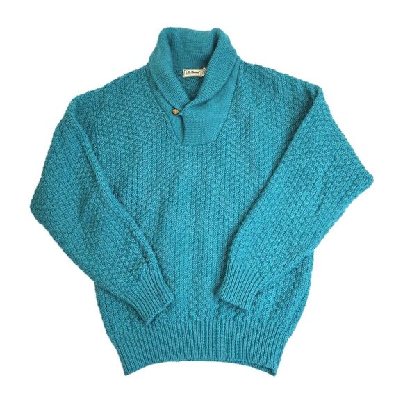 Vintage LL Bean Wool Sweater Mens Size M Teal Shawl Collar Fishermen's USA - Picture 1 of 9